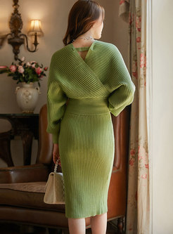 V-neck Lantern Sleeve Sweater Suit Dress