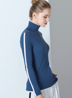 Casual High Collar Color-blocked Slim Sweater
