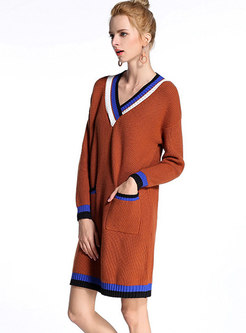 V-neck Color-blocked Shift Sweater Dress With Pocket