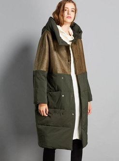 Patchwork Long Loose Hooded Puffer Coat