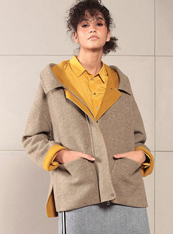 Color-blocked Loose Hooded Wool Blended Coat