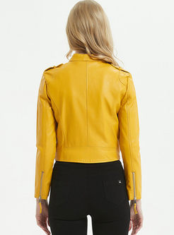 Yellow Stand Collar Slim Biker Jacket