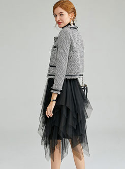O-neck Tweed Slim Coat & Asymmetric Mesh Skirt