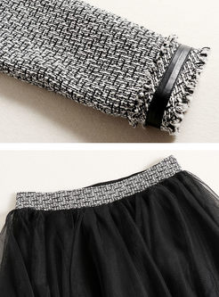 O-neck Tweed Slim Coat & Asymmetric Mesh Skirt