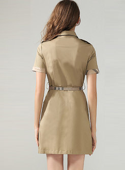 Fashion Khaki Patchwork A Line Dress With Belt