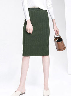 Solid Color High Waisted Slit Knitted Skirt