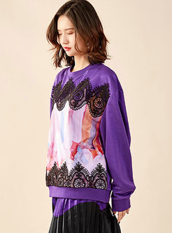 O-neck Pullover Lace Patchwork Sweatshirt