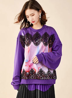 O-neck Pullover Lace Patchwork Sweatshirt