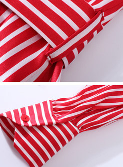 V-neck Tie Waist Striped Slim Blouse