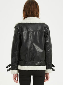 Black Turn Down Collar Fleece Biker Jacket