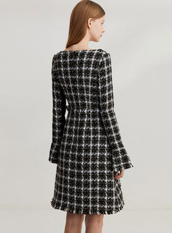 O-neck Long Sleeve Plaid Tweed Dress
