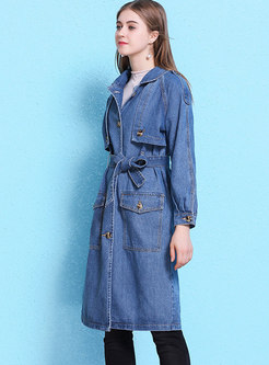 Single-breasted Denim Trench Coat With Belt