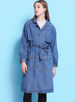 Single-breasted Denim Trench Coat With Belt
