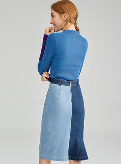 Slim Knit Top & Irregular Falbala Denim Skirt