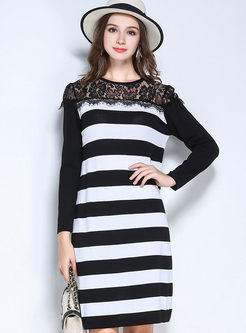 Plus Size Stripe Lace Patchwork Loose Dress