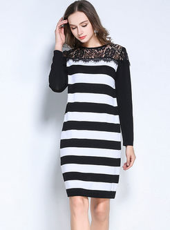 Plus Size Stripe Lace Patchwork Loose Dress