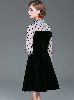 Long Sleeve Polka Dot Patchwork Velvet Dress