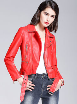 Red Lapel Long Sleeve Side Zipper Biker Jacket