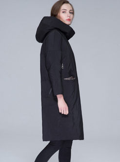 Black Hooded Long Sleeve Long Down Coat