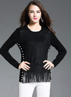 O-neck Pullover Suede Tassel Wool Sweater