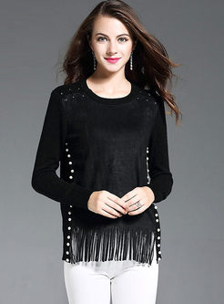 O-neck Pullover Suede Tassel Wool Sweater