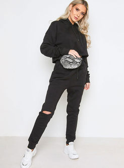 Casual Black Hooded Hole Tracksuit