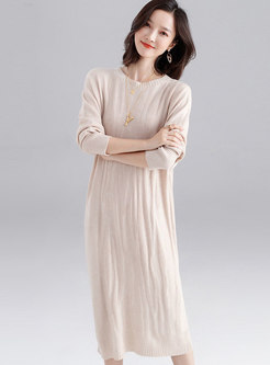 Crew Neck Solid Color Loose Sweater Dress