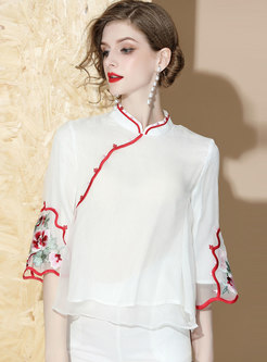 Stand Collar Flare Sleeve Embroidered Blouse 