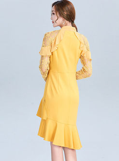 Yellow Lace Patchwork Bowknot Falbala Dress
