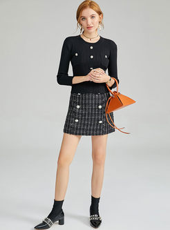 O-neck Slim Pullover Sweater & Tweed Mini Skirt