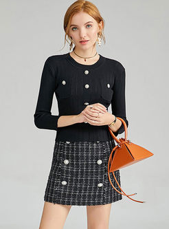 O-neck Slim Pullover Sweater & Tweed Mini Skirt