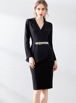 Notched Patchwork Bodycon Dress With Belt