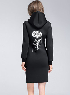 Casual Embroidered Hooded Zipper Bodycon Dress