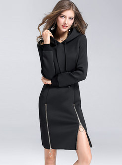 Casual Embroidered Hooded Zipper Bodycon Dress