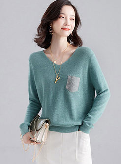 V-neck Long Sleeve Loose Pullover Sweater