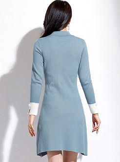 Lapel Color-blocked Beading Sweater Dress