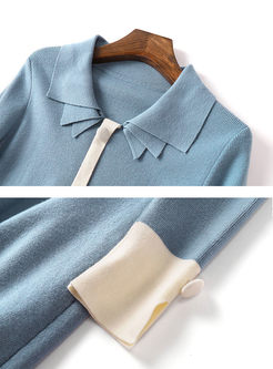 Lapel Color-blocked Beading Sweater Dress
