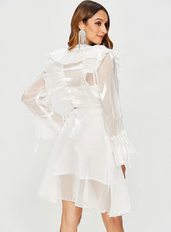 White Bowknot Flare Sleeve Skater Dress