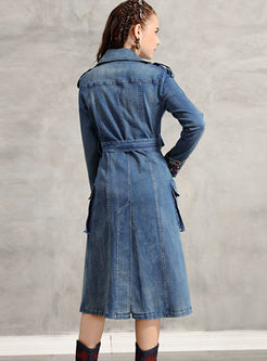 Turn Down Collar Embroidered Denim Trench Coat