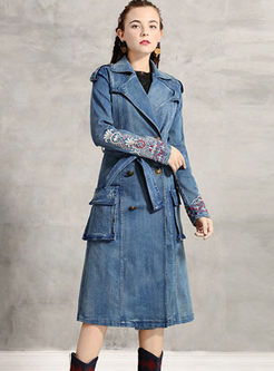 Turn Down Collar Embroidered Denim Trench Coat