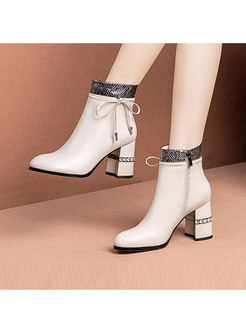 Square Heel Bowknot Patchwork Leather Boots 