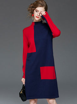 Color-blocked Turtleneck Shift Sweater Dress