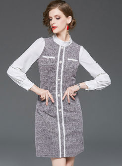 Elegant Standing Collar Tweed Bodycon Dress