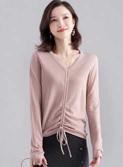 Brief Beading Openwork Sweater With Drawcord