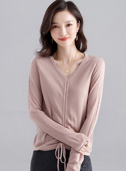 Brief Beading Openwork Sweater With Drawcord