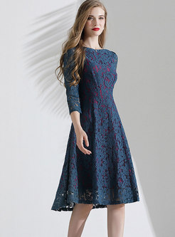 Color-blocked Lace Openwork A Line Dress