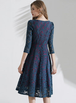 Color-blocked Lace Openwork A Line Dress