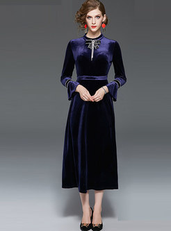 Vintage Flare Sleeve Bowknot Velvet Maxi Dress