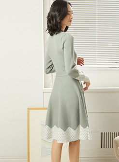 Dot Color-blocked Waist Sweater Dress With Belt