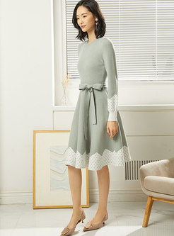 Dot Color-blocked Waist Sweater Dress With Belt